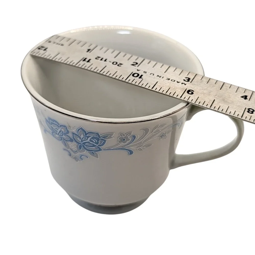 Vintage China‎ Teacup and Saucer Footed Blue and Gray Floral Platinum Edge